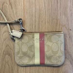 Coach Beige and Pink Stripe Wristlet